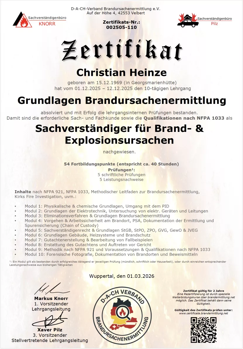 Christian Heinze, Sachverständiger für Brand- und Explosionsursachen